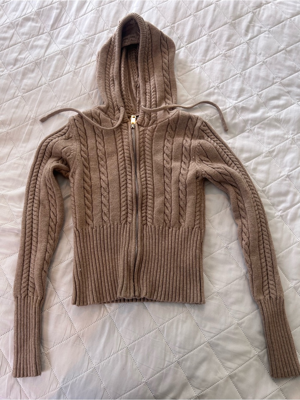 Harper & Ivy Taupe Cable-Knit Hooded Zip-Up Sweater